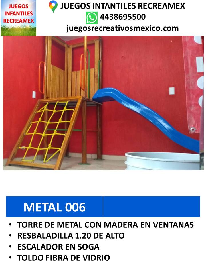 modulo de metal con escalera en soga y resbaladilla para primaria